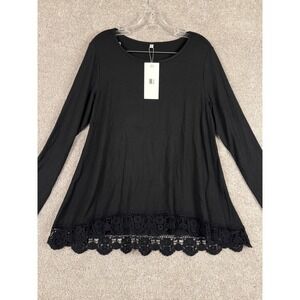 JWD Women Black Long Sleeve Lace Trim Tunic Top Shirt NWT Large
